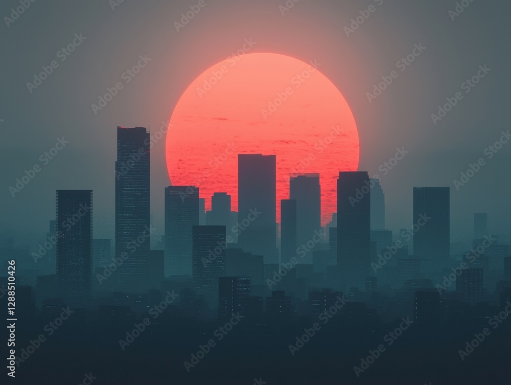 Fototapeta premium A stunning city skyline silhouetted against a vibrant orange sunset, creating a dramatic and serene atmosphere.