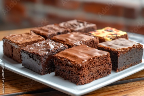 Delicious chocolate brownies resting on white plate