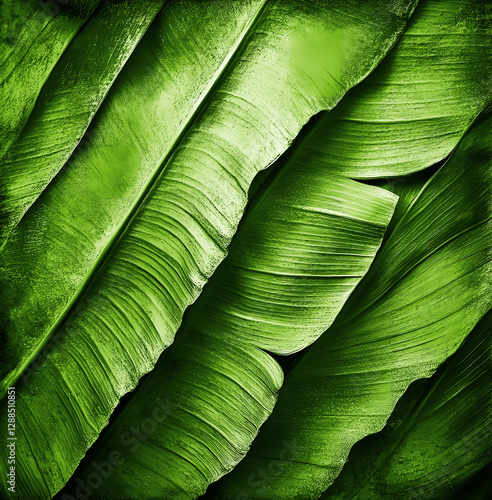 Extra close-up photograph of the texture of a green banana leaf.