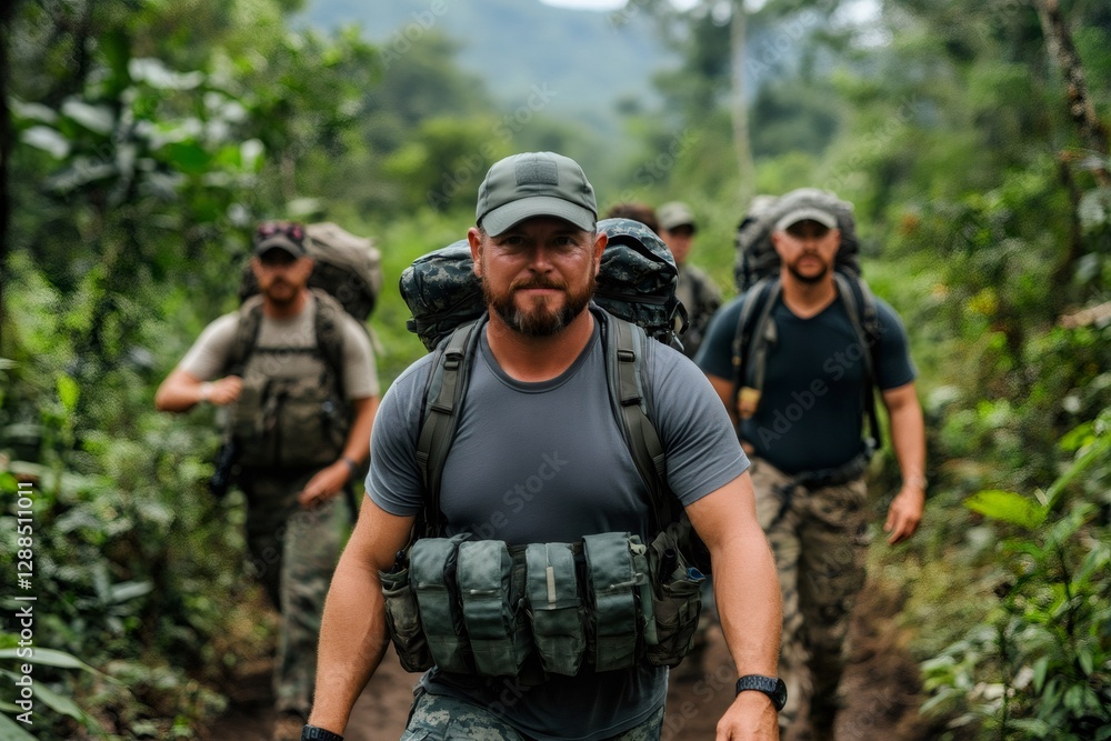 Fototapeta premium Group of soldiers walking through dense jungle during military operation