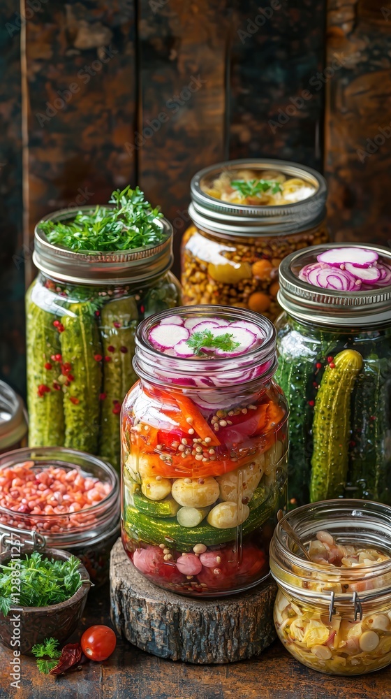 An eye-catching display of various jars filled with an assortment of pickled items and delicacies An eye-catching display of various jars filled with an assortment of pickled items and delicacies