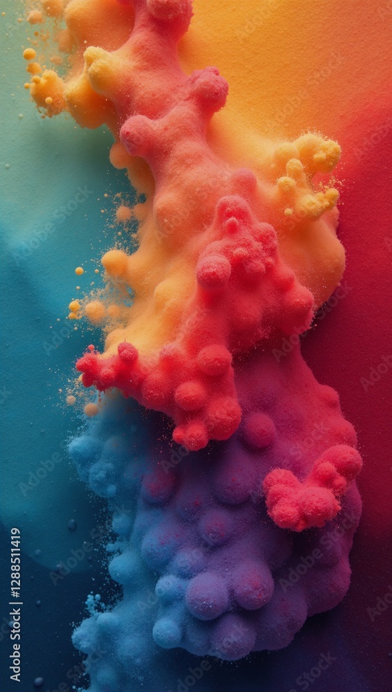 Vibrant watercolor-inspired digital art featuring a chaotic blend of multicolored textures grungy patterns reminiscent of psychedelia red accents with speckled spots all evoking the swirling chaos of