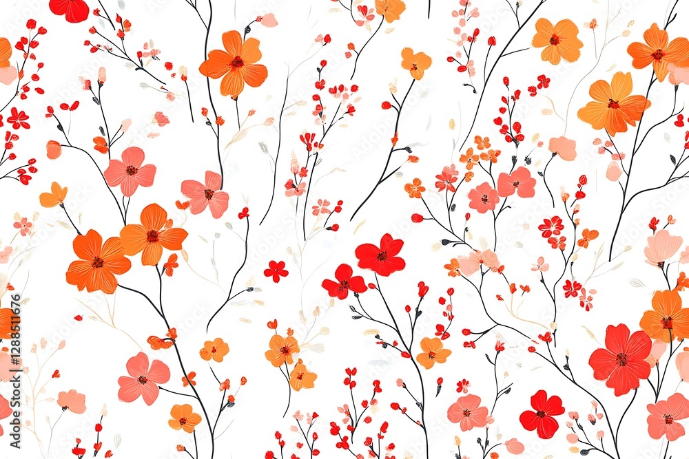 Seamless Orange and Red Floral Pattern on White Background Seamless Orange and Red Floral Pattern on White Background
