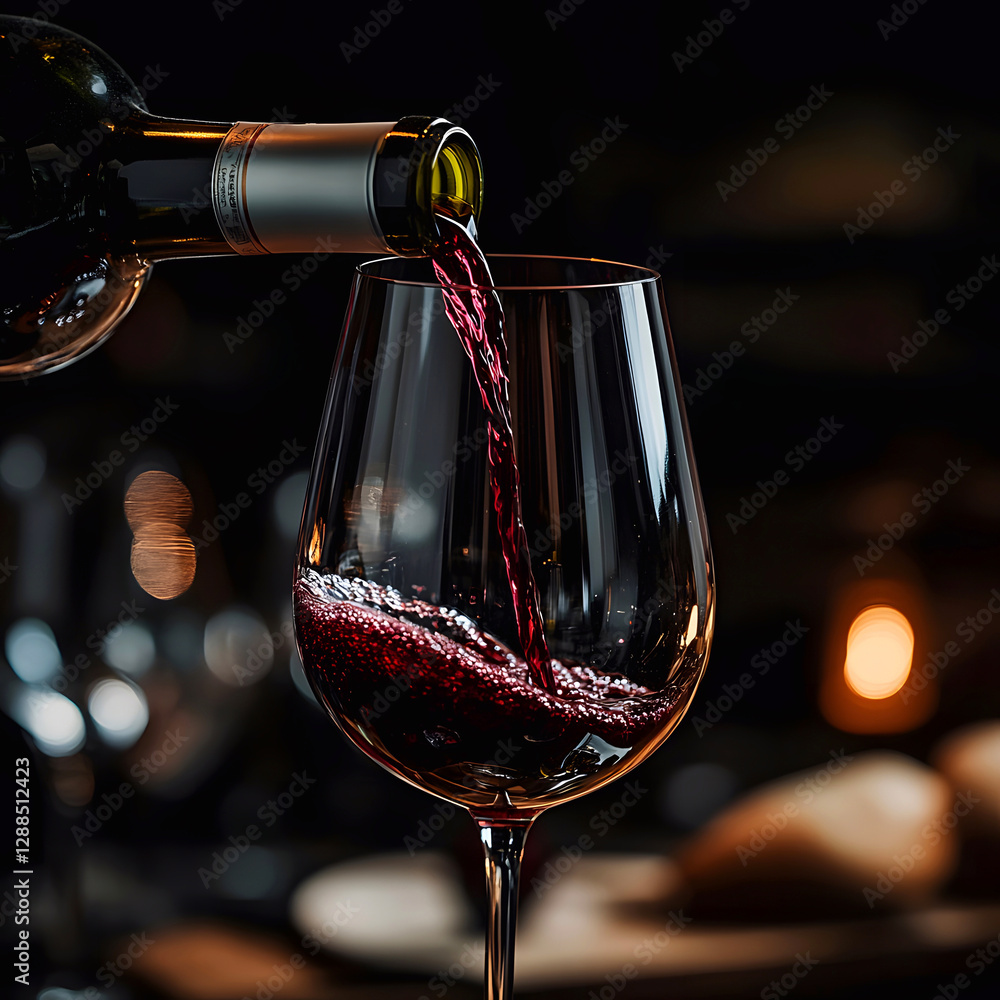 Fototapeta premium Close-up photo of a bottle of red wine poured into a glass.