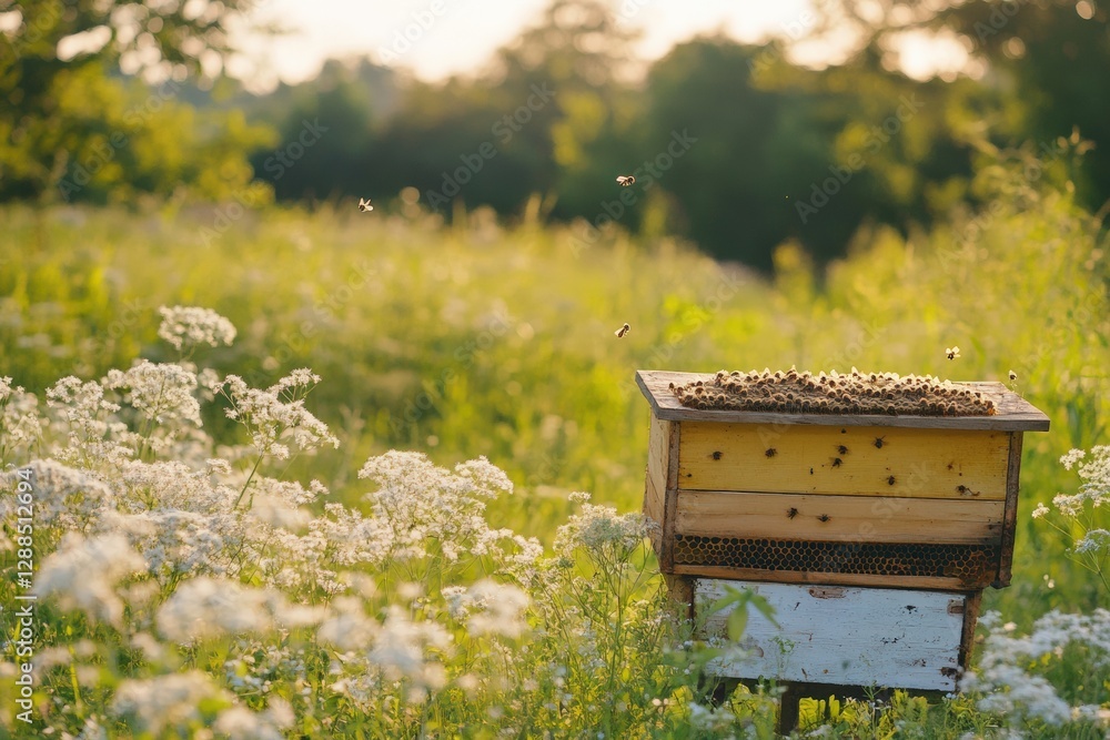 Rustic wooden beehive surrounded by blooming wildflowers in a vibrant green meadow at sunset. Generative AI Rustic wooden beehive surrounded by blooming wildflowers in a vibrant green meadow at sunset. Generative AI