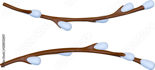 Willow branch with buds in 3d realistic style. Design element of spring plant. Bright render vector illustration.