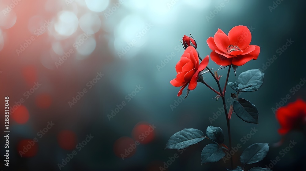 Obraz premium Beautifully arranged red roses in a symmetrical pattern with a soft blurred bokeh effect in the center creating a romantic and dreamy atmosphere
