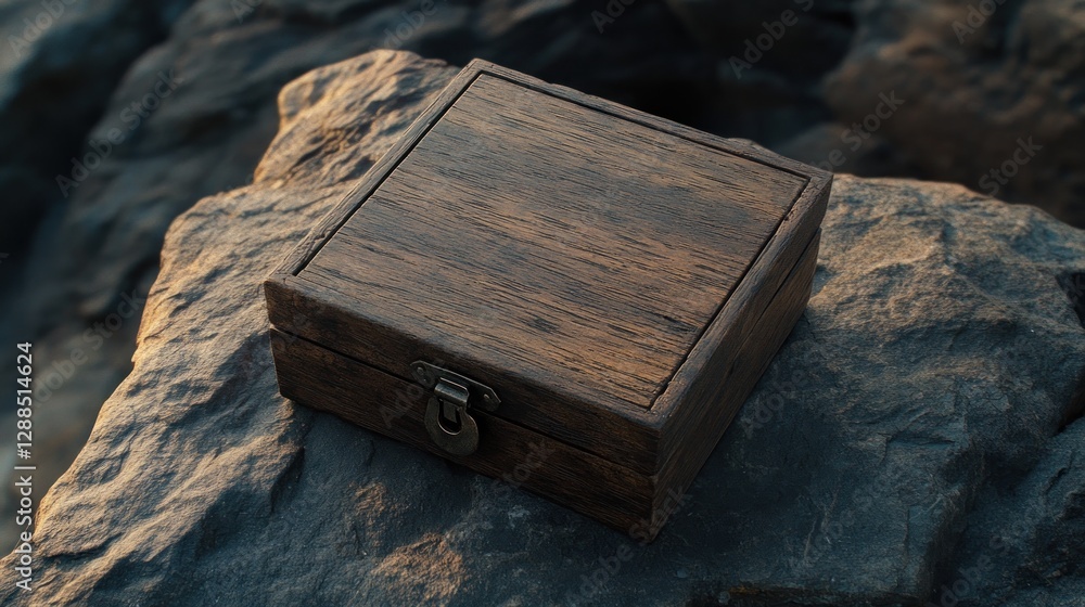 Obraz premium Wooden box on rocks, sunset background, treasure concept