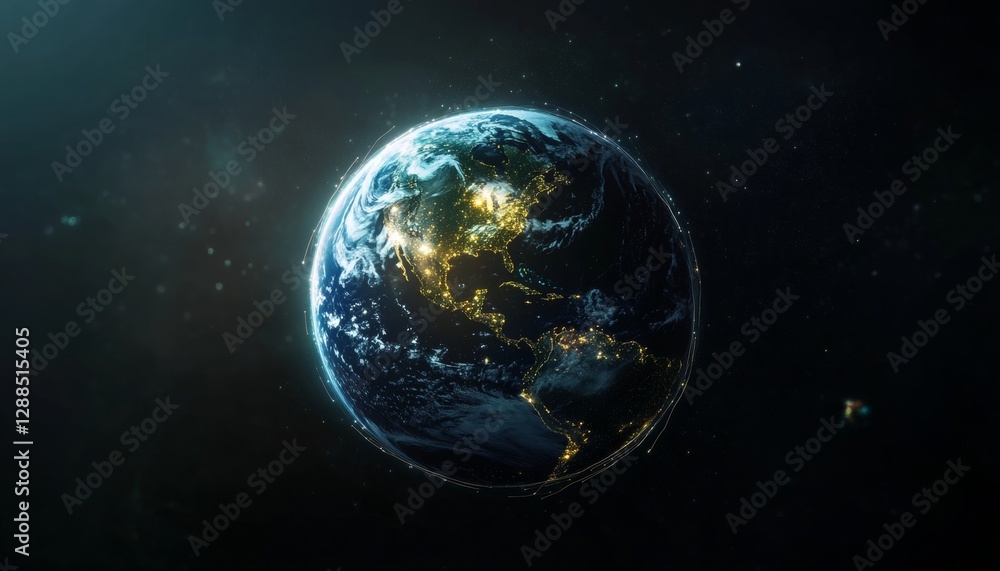 Planet Earth at Night, North and South America. City Lights Illuminating the Dark Side Planet Earth at Night, North and South America. City Lights Illuminating the Dark Side