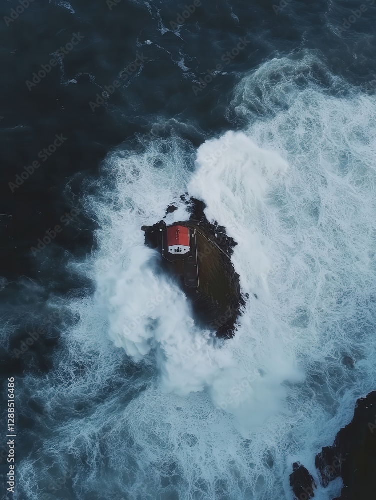 Naklejka premium the lighthouse in Lonstrup as waves crash against the cliffs, capturing the raw power of nature