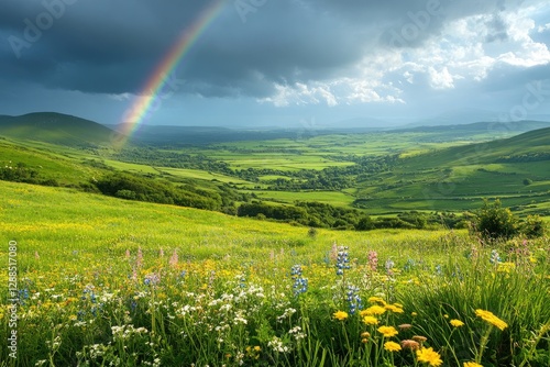 Rainbow touching green hills in blooming flower field