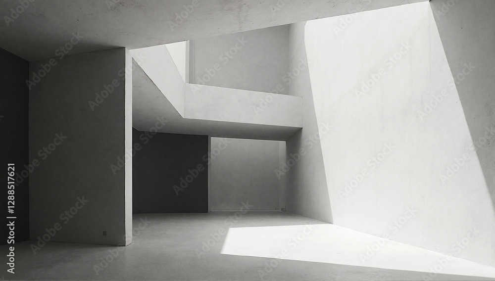 Obraz premium An intriguing modern architectural space filled with bright light creates a unique interplay of shadows and shapes, stimulating visual engagement and aesthetic appreciation.