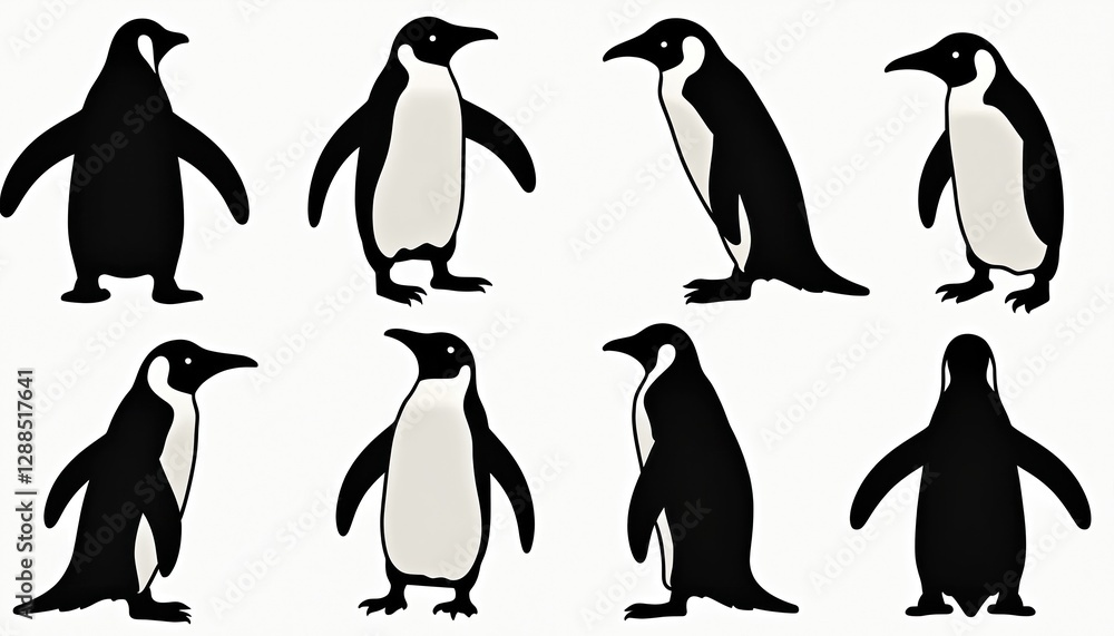 Obraz premium Black and white penguin illustrations showcases various poses and movements of these Antarctic birds. Simple minimalistic outlines marine species with flightless bird standing set of drawing elements.