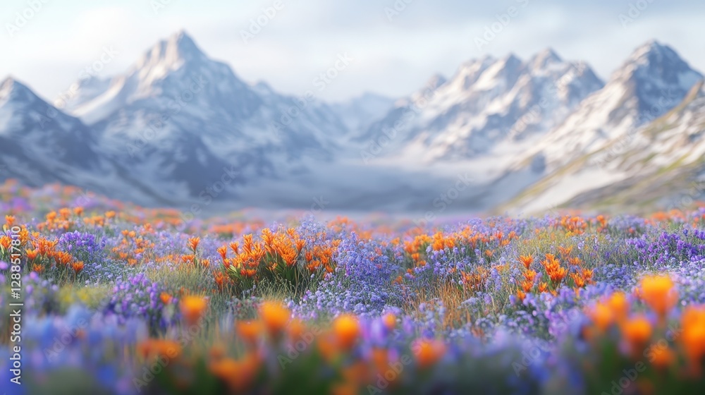 Fototapeta premium A breathtaking field awash with blooming purple and orange flowers; vibrant hues pop against a lush backdrop, creating an enchanting vista of color that captivates from foreground to horizon