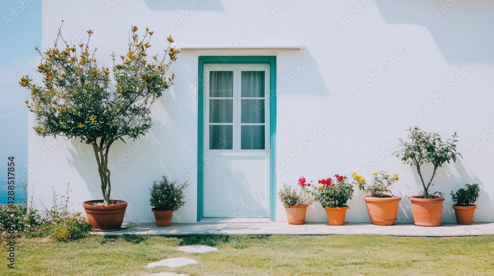 Fototapeta premium Coastal white house, teal door, potted plants, ocean view, summer vacation rental