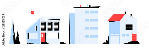 Cityscape With Various Buildings In Flat Vector Illustration Symbolizing Urban Development, Architecture, Real Estate, And Modern Infrastructure, Isolated On White Background