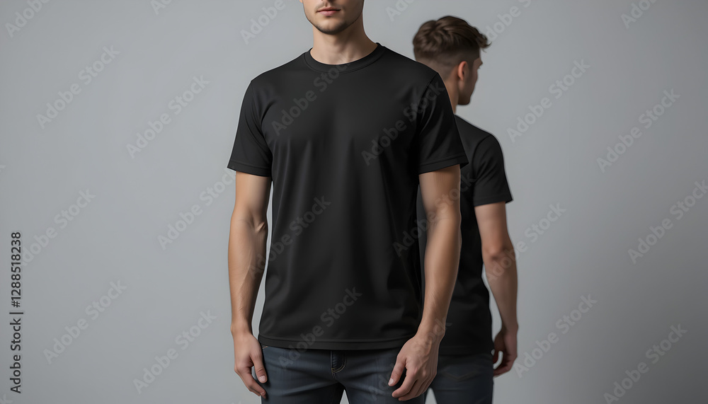 Modern plain black t-shirt mockup template in photo studio setting with male model - front and back views, stylish apparel mockup for fashion brand presentation Modern plain black t-shirt mockup template in photo studio setting with male model - front and back views, stylish apparel mockup for fashion brand presentation