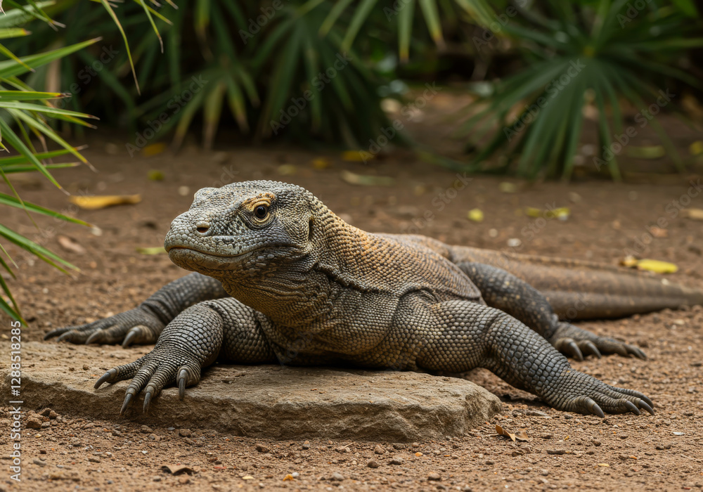 Komodo dragon resting on a stone in a natural environment