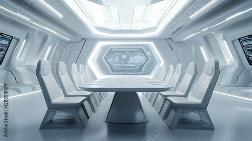 Fototapeta Naklejka Na Ścianę i Meble -  Futuristic spaceship conference room meeting snowy landscape