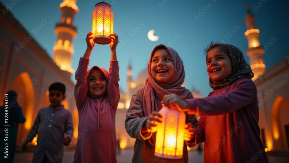Naklejka premium Muslim children in traditional clothing holding lanterns in front of a mosque with a glowing crescent moon in the background during Ramadan Kareem.
