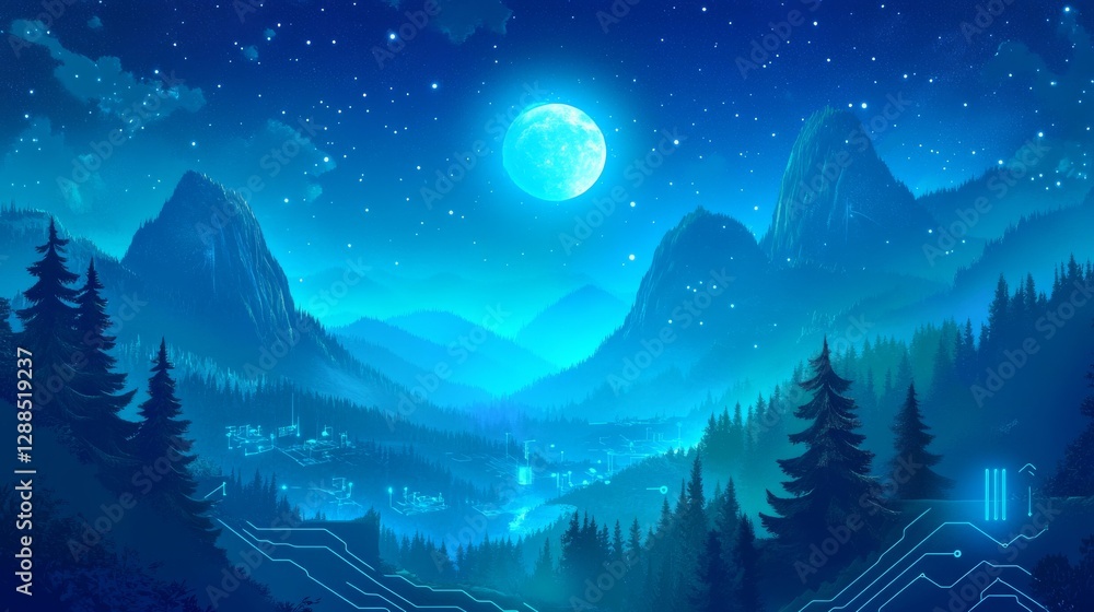 Fototapeta premium Tranquil Winter Wonderland: Cyberpunk Mountain Nightscape in Digital Art
