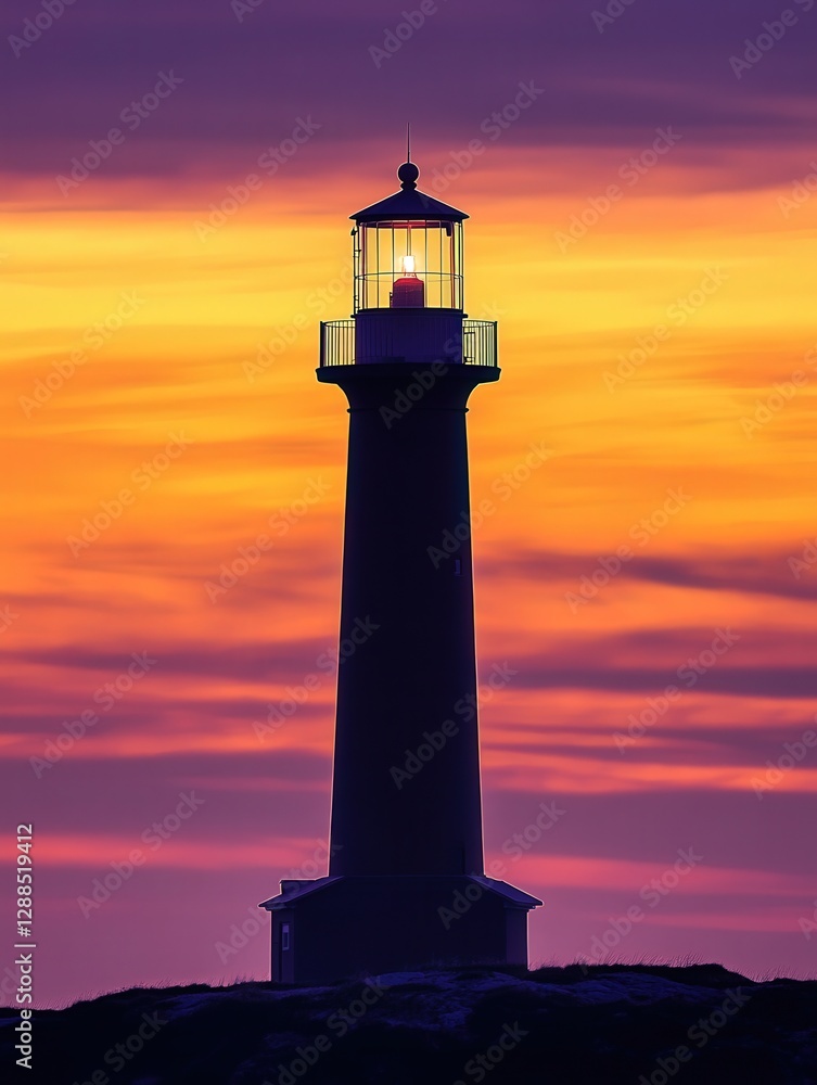 the Lonstrup lighthouse during twilight, glowing softly against the vibrant orange and purple sky the Lonstrup lighthouse during twilight, glowing softly against the vibrant orange and purple sky