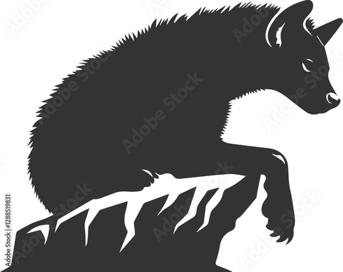 A hyena sitting on a rock, front paws dangling over the edge vector animal silhouette