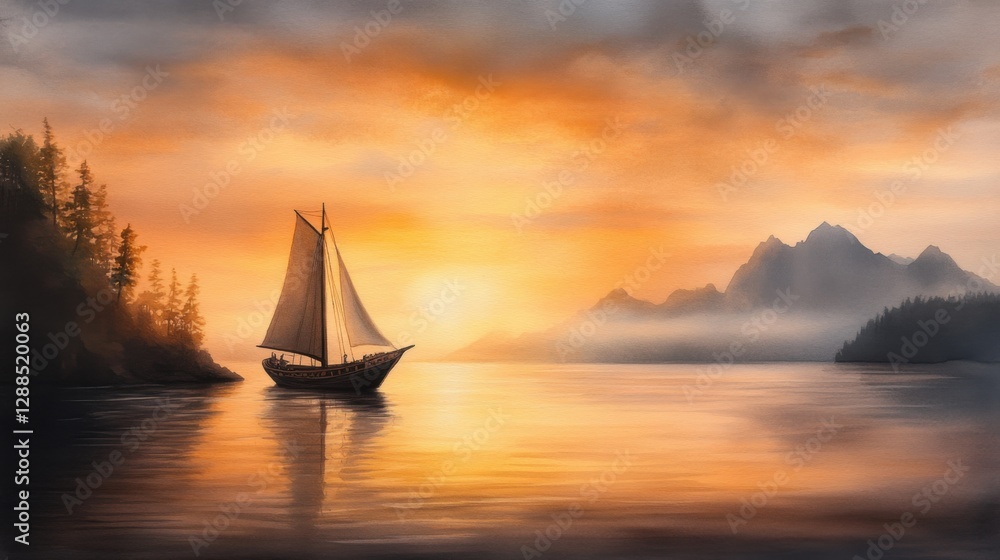 Fototapeta premium Serene Sunset Over Calm Waters with a Sailing Ship in the Distance