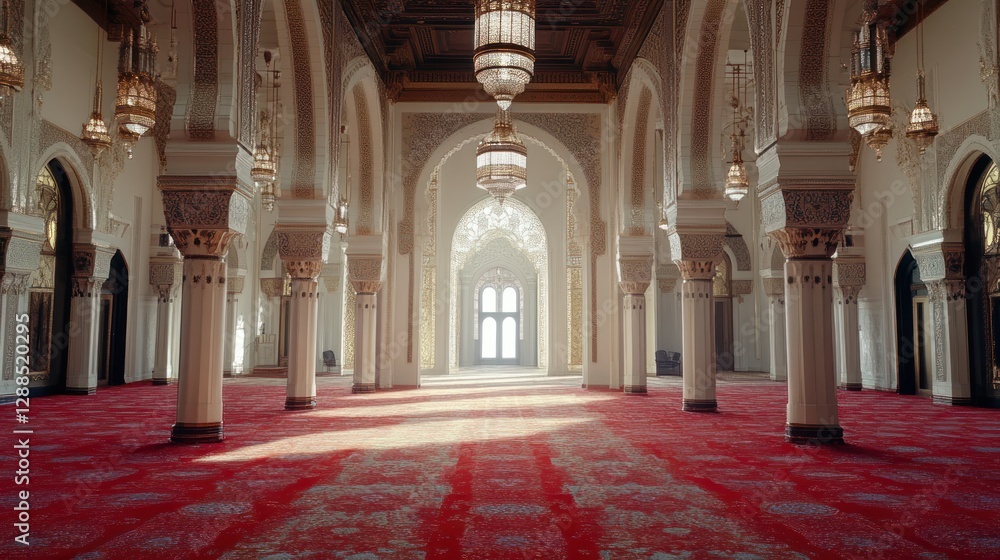 Obraz premium Sunlit Mosque Interior, Prayer Hall, Red Carpet, Architecture, Peaceful Background