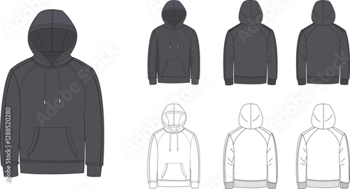 Streetwear Zip Up Hoodie Fashion Vector Mock-up, Sweatshirt Long Sleeve Fashion Vector Mockup Round Neck Long Sleeve Sweatshirt Fashion Flat Sketch 