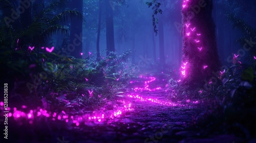 A mystical forest scene illuminated by glowing pink lights, creating an enchanting pathway through trees and foliage under a twilight sky.