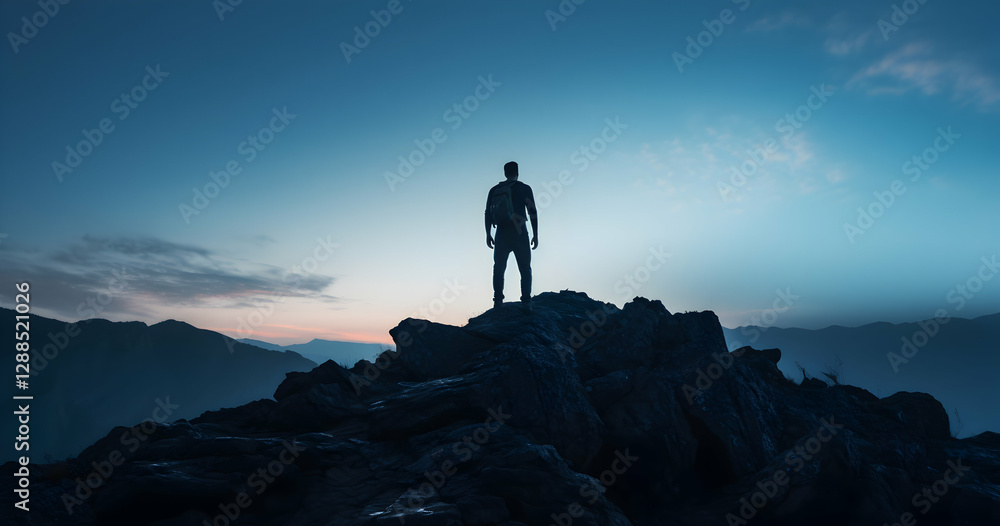 Silhouette of a person standing triumphantly on a rocky peak during twilight, overlooking vast mountain ranges in a serene landscape Silhouette of a person standing triumphantly on a rocky peak during twilight, overlooking vast mountain ranges in a serene landscape
