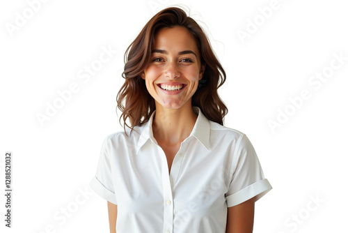 Close-up portrait of a cheerful smiling woman with tanned skin and white teeth. Beautiful model with happy expression posing in studio isolated on transparent background for business or lifestyle...