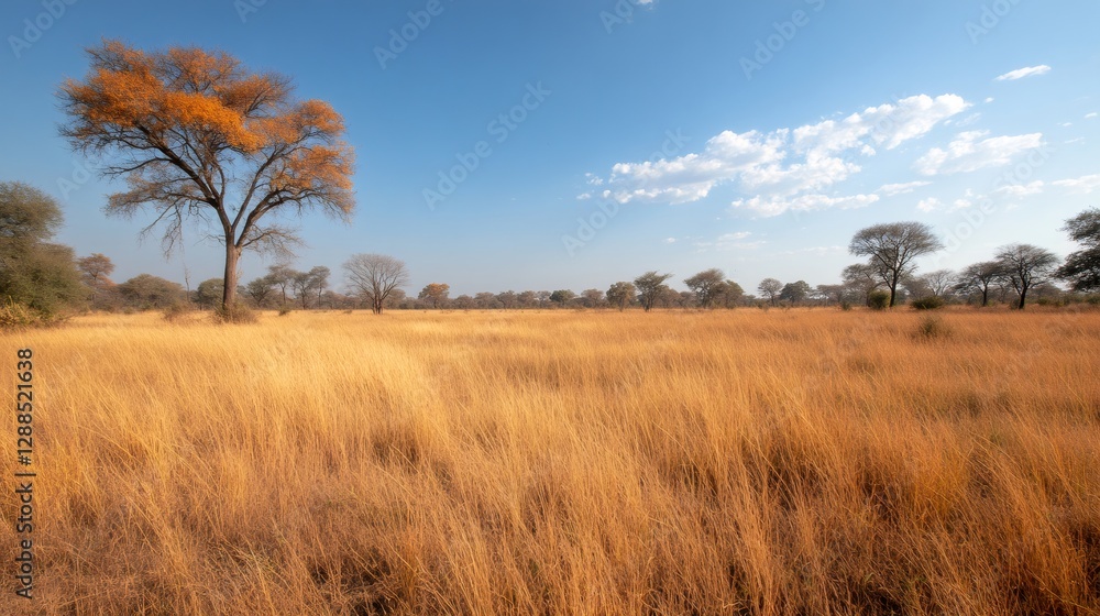 Golden savanna grass covering african plains under blue sky Golden savanna grass covering african plains under blue sky