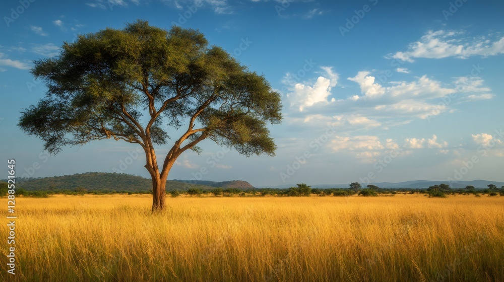 Scenic african savanna landscape with acacia tree and golden grass at sunset Scenic african savanna landscape with acacia tree and golden grass at sunset