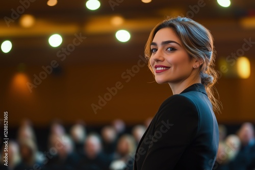 A self-assured, smiling businesswoman in a black blazer stands confidently on stage.