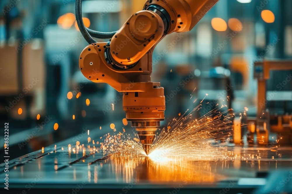Robotic arm welding metal with sparks flying in factory Robotic arm welding metal with sparks flying in factory