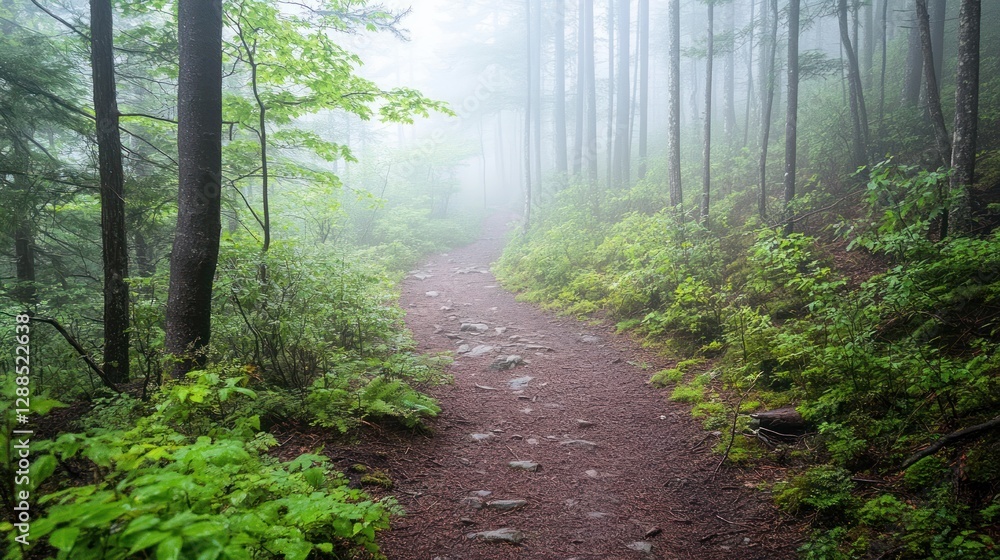 Obraz premium Misty forest trail, hiking path, nature scene, tranquil background, travel