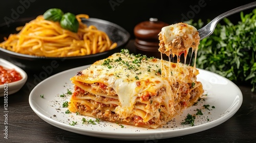 Meat lasagna layered melting concept. A delicious plate of lasagna, oozing with cheese and meat sauce, paired with spaghetti and garnished with fresh herbs.