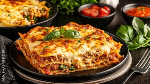 Meat lasagna layered melting concept. A delicious, layered lasagna with cheese, meat, and herbs, served on a black plate alongside fresh ingredients and sauces.