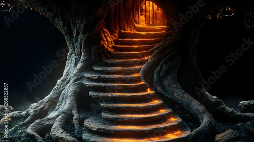 Glowing Stairway Within Pixelated Tree Trunk photo