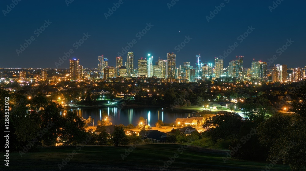 Fototapeta premium Night cityscape panorama, lake reflection, suburban backdrop, urban planning