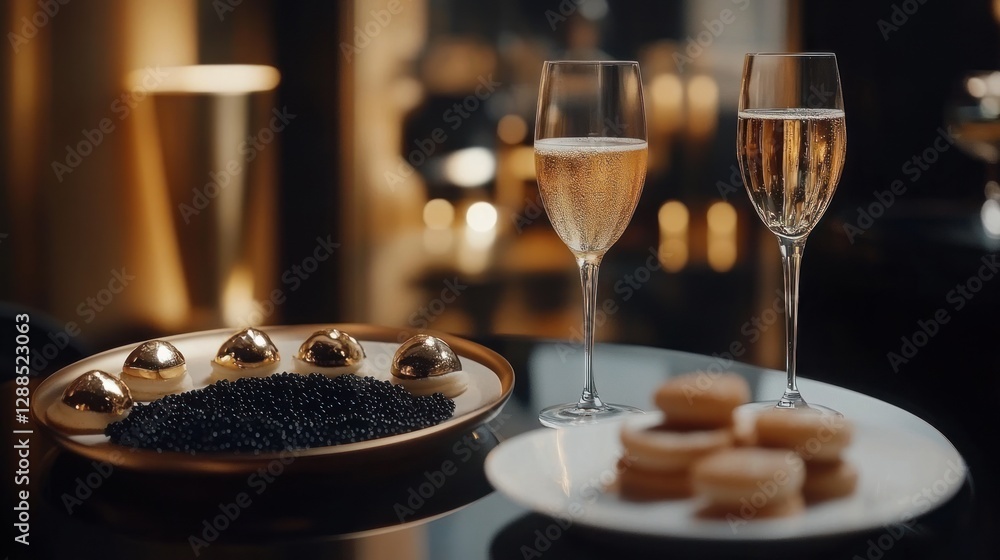 Luxury champagne, caviar, and sweets on table, elegant lounge background, celebratory event Luxury champagne, caviar, and sweets on table, elegant lounge background, celebratory event