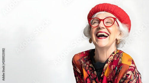 Vibrant Elderly Woman Embracing Joy and Positivity in Colorful Attire   Portrait of a smiling glasses wearing senior woman with gray hair and a red hat radiating positive energy and enthusiasm