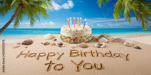 A vibrant tropical beach scene with a birthday cake surrounded by seashells and Happy Birthday to You elegantly written in the sand. Ideal for festive birthday backgrounds and summer celebration.