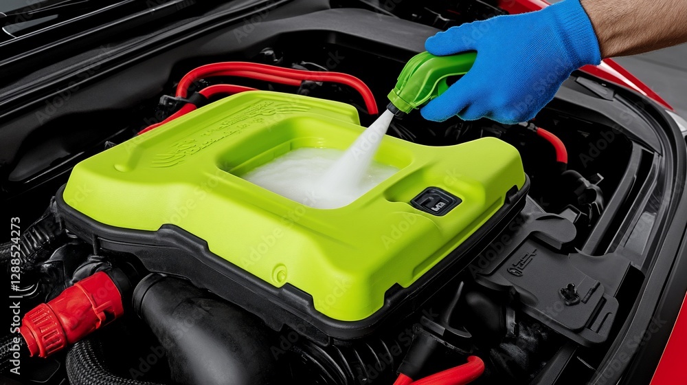 Mechanic cleaning engine bay with foam, garage Mechanic cleaning engine bay with foam, garage