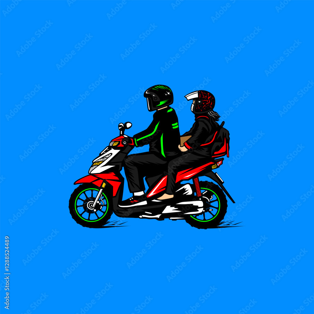 motorcycle taxi driver dropping off passengers riding a red motorcycle at high speed side view vector illustration motorcycle taxi driver dropping off passengers riding a red motorcycle at high speed side view vector illustration