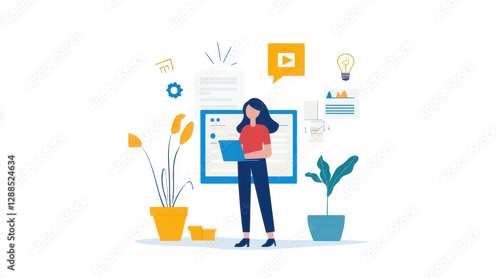 Illustration of a woman exploring digital concepts and project management tools Illustration of a woman exploring digital concepts and project management tools