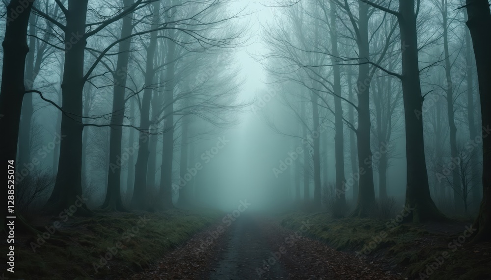 Fototapeta premium Eerie forest path with mist. Tall tree silhouettes, foggy blue hues create spooky atmosphere. Ground covered foliage, leaves. Dark woods road for mystery, fantasy or horror background.