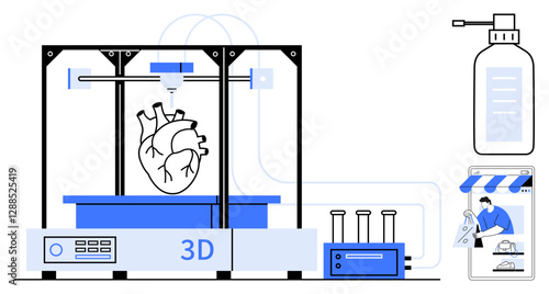 3D printer creating a human heart alongside a lab setup, test tubes, surgical tools, and a hand sanitizer dispenser. Ideal for medical innovation, technology, healthcare, research, bioprinting